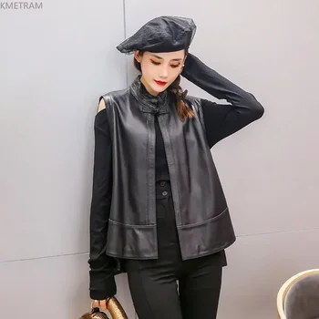 Женская куртка без рукавов из натуральной кожи 2023, пальто из натуральной овчины, черный кожаный жилет для женщин, куртки, топы, женские