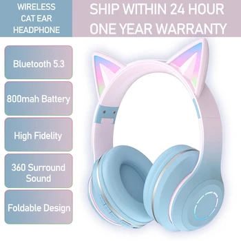 Люминесцентные наушники Bluetooth с кошачьими ушками, Градиентные Красочные Беспроводные Проводные Складные наушники для телефонного звонка с ПК