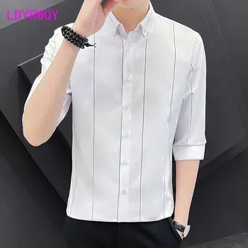 Новая корейская мужская рубашка Летняя тонкая модная приталенная рубашка со средним рукавом