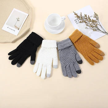 Осенне-зимние мужские вязаные перчатки с сенсорным экраном, высококачественные шерстяные однотонные перчатки, мужские рукавицы