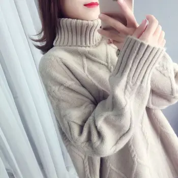 Осенний свитер, женский пуловер с высоким воротом, однотонная Корейская одежда, Теплые Женские топы с длинными рукавами, Оверсайз D87