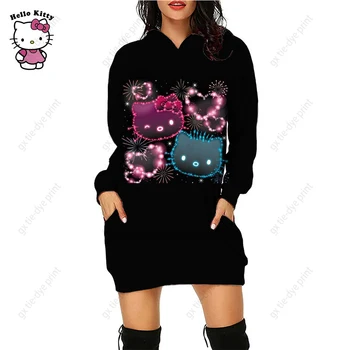 Толстовки с принтом Hello Kitty 2023, Осенние Женские Повседневные Свободные платья с капюшоном и круглым вырезом в стиле панк, готическая верхняя одежда y2k, Горячая распродажа